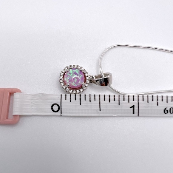 Halo Pink Fire Opal Cz & Clear Cz .925 Sterling Silver Earring & Necklace Set - Picture 10 of 17